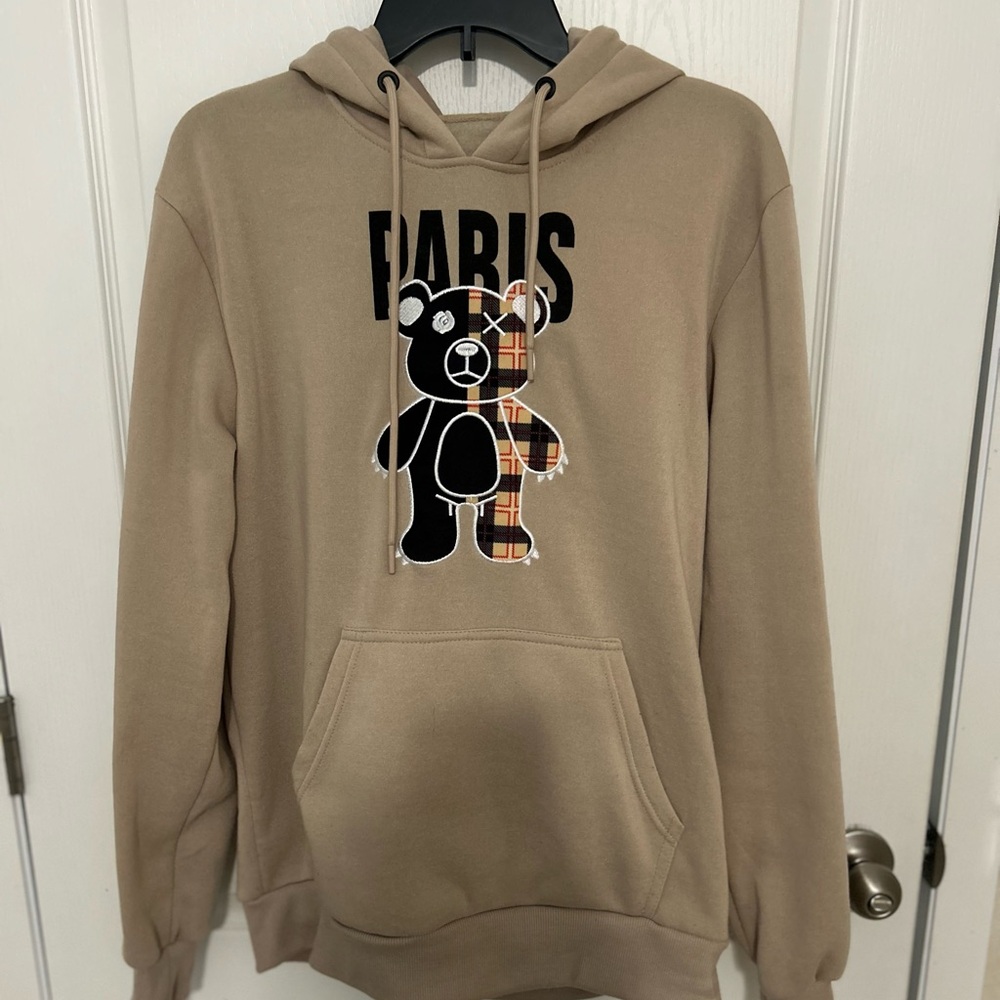 Paris Bear Graphic Beige Hoodie